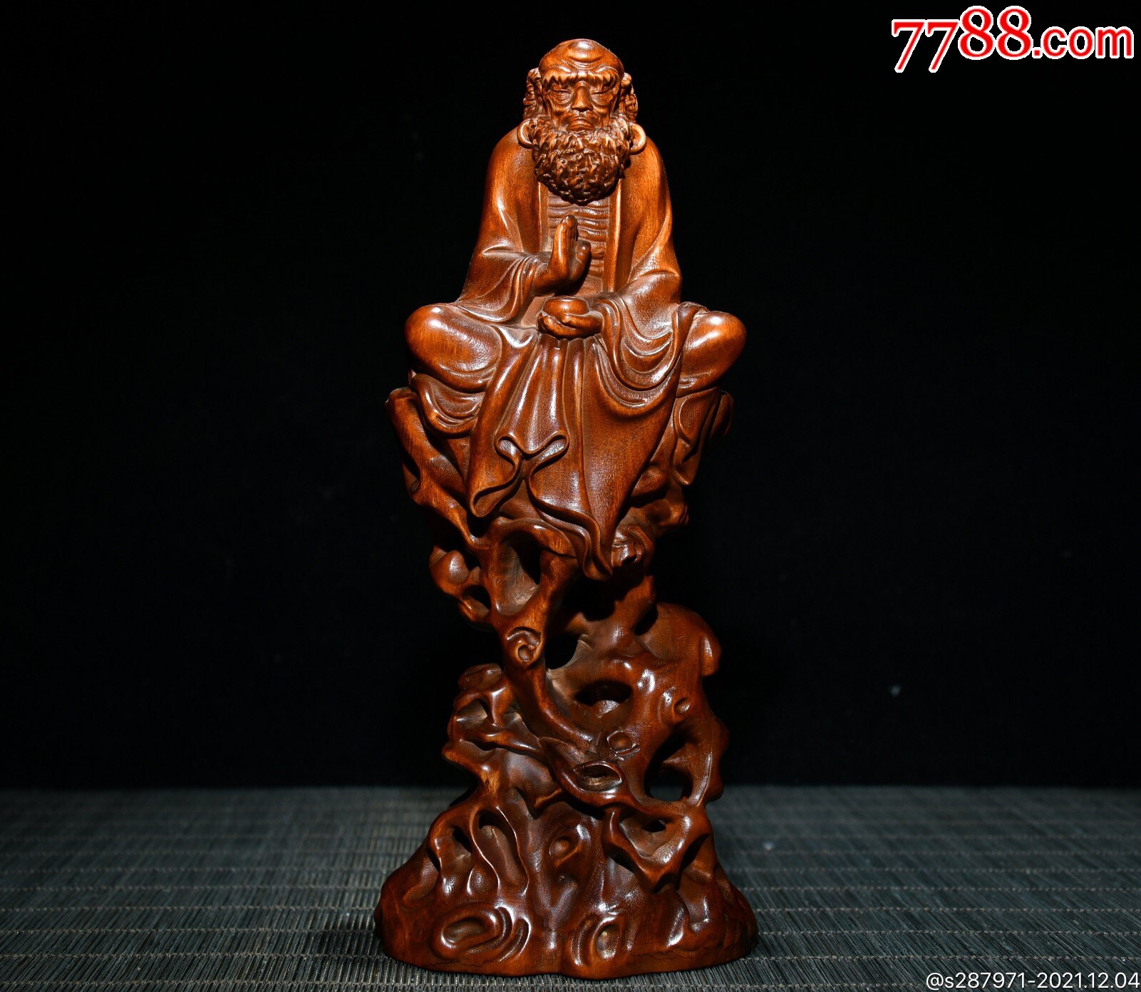 黄杨木精工雕刻达摩摆件长8cm宽5cm高18cm重198g