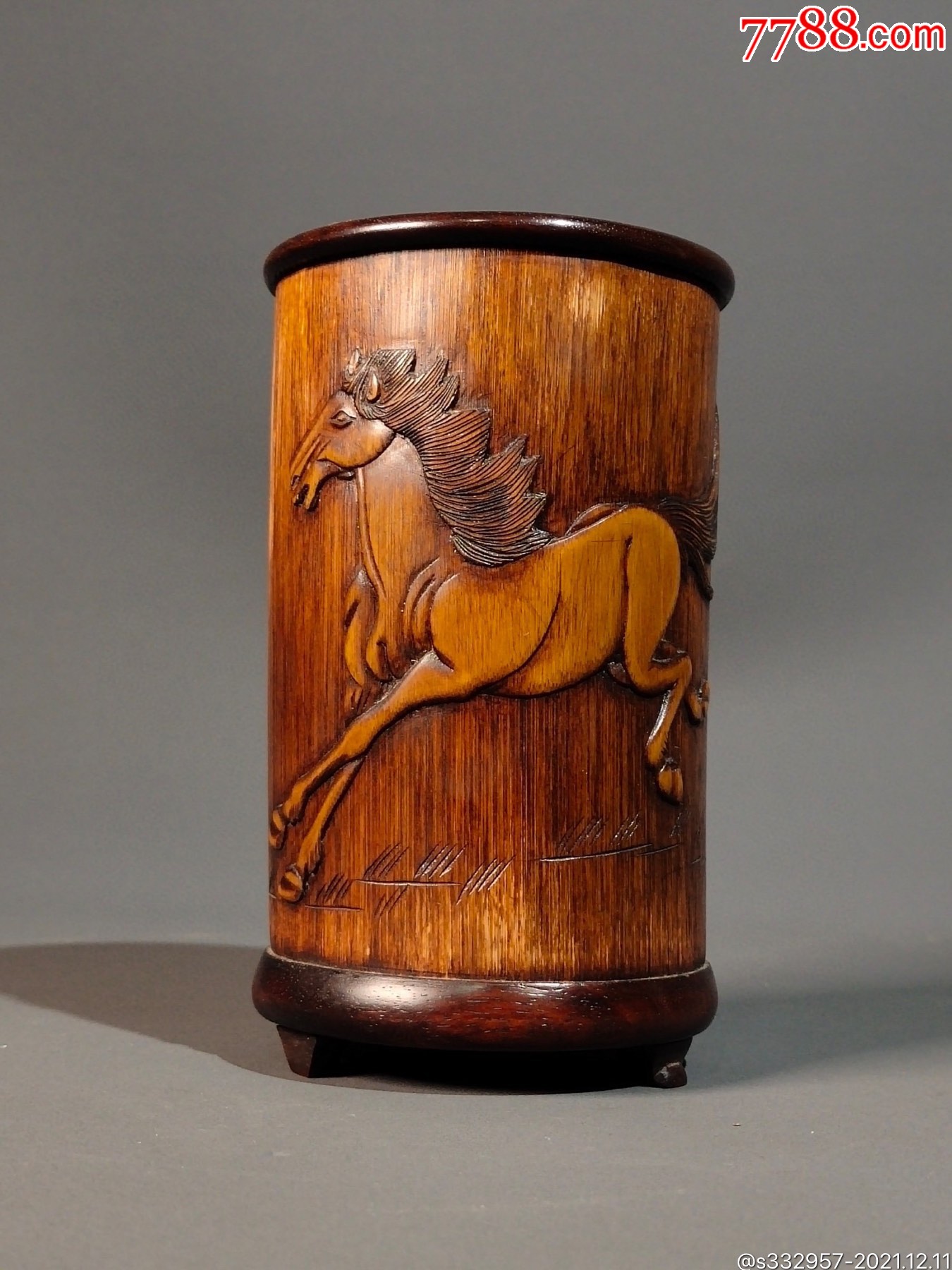 旧藏民国竹子手工雕骏马图笔筒_笔筒_收藏行情_回收价格_7788邮票收藏