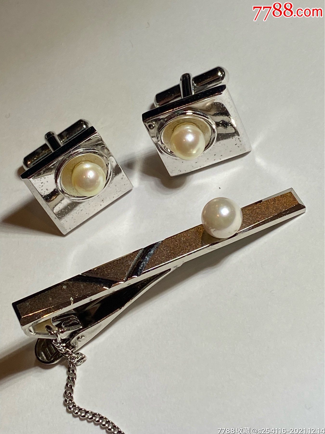 日本制海水珍珠领带夹袖扣套装珍珠7mm领带夹753mm袖扣16mm重221克