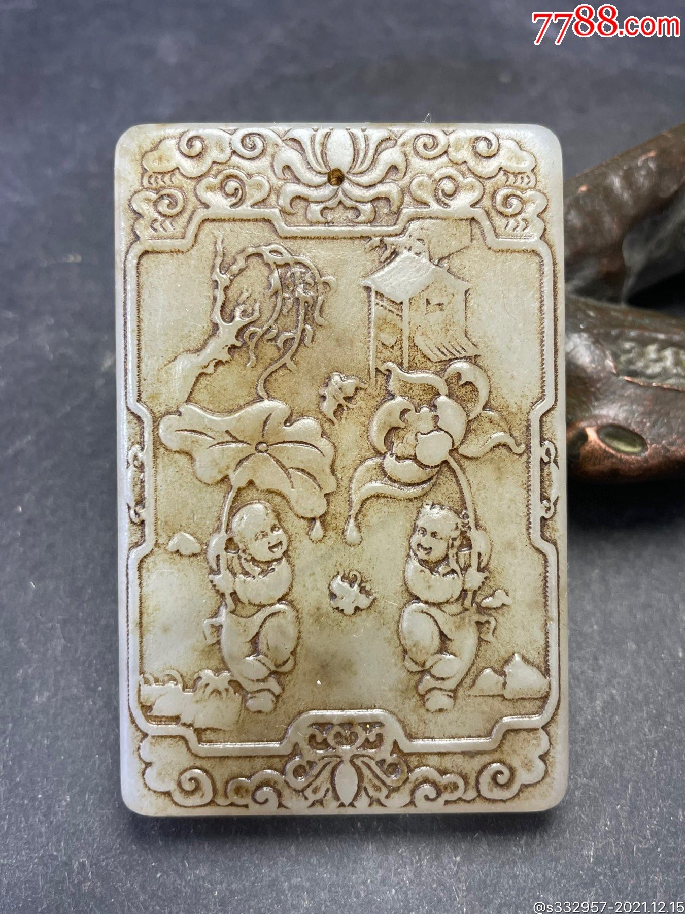 和田玉明清子冈牌雕刻金童玉女