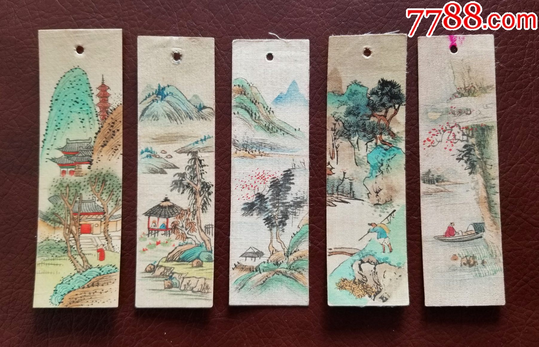50年代绢面手绘山水书签5枚精挑细选的构图和品相赏心悦目