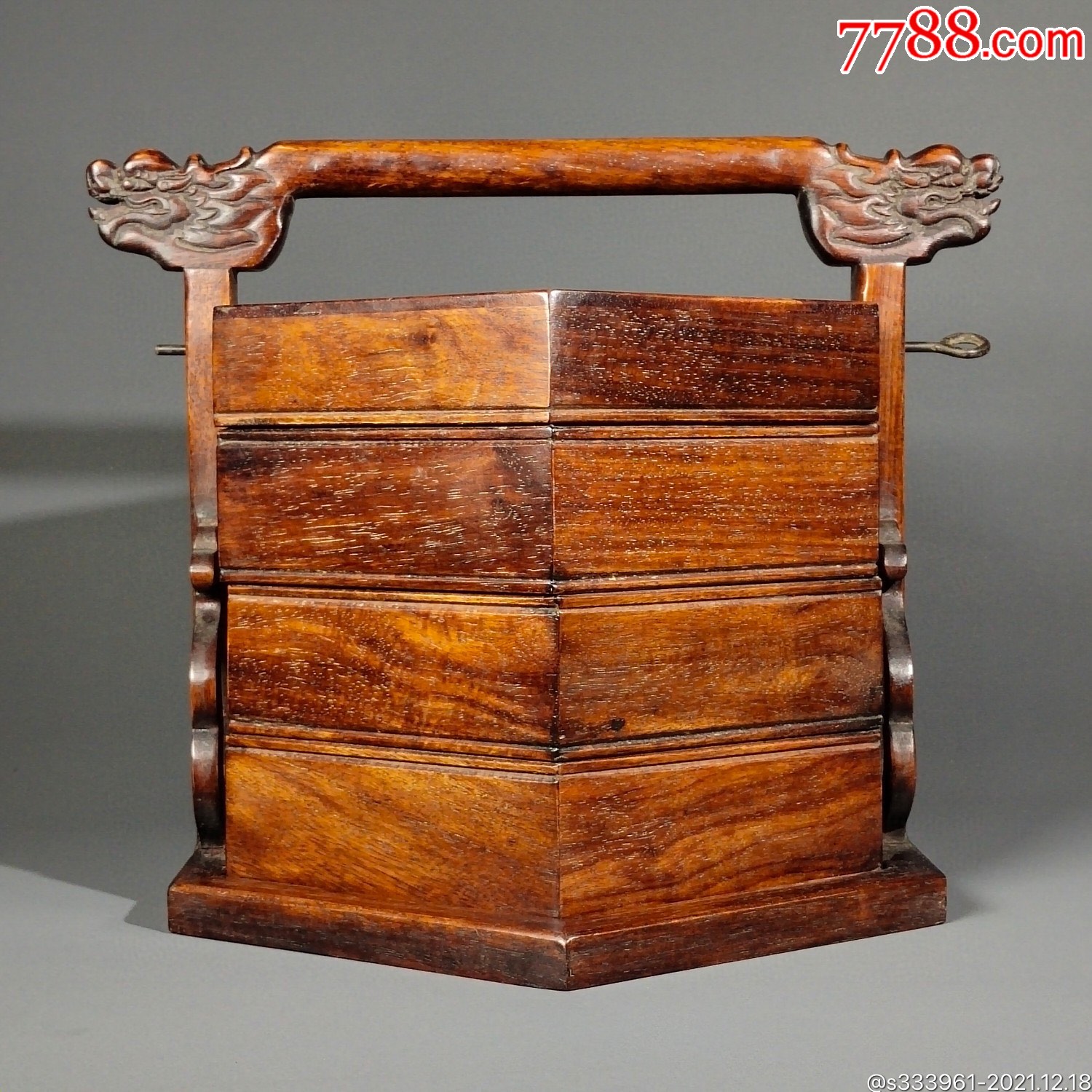 花梨木旧藏手工龙头提梁食盒摆件