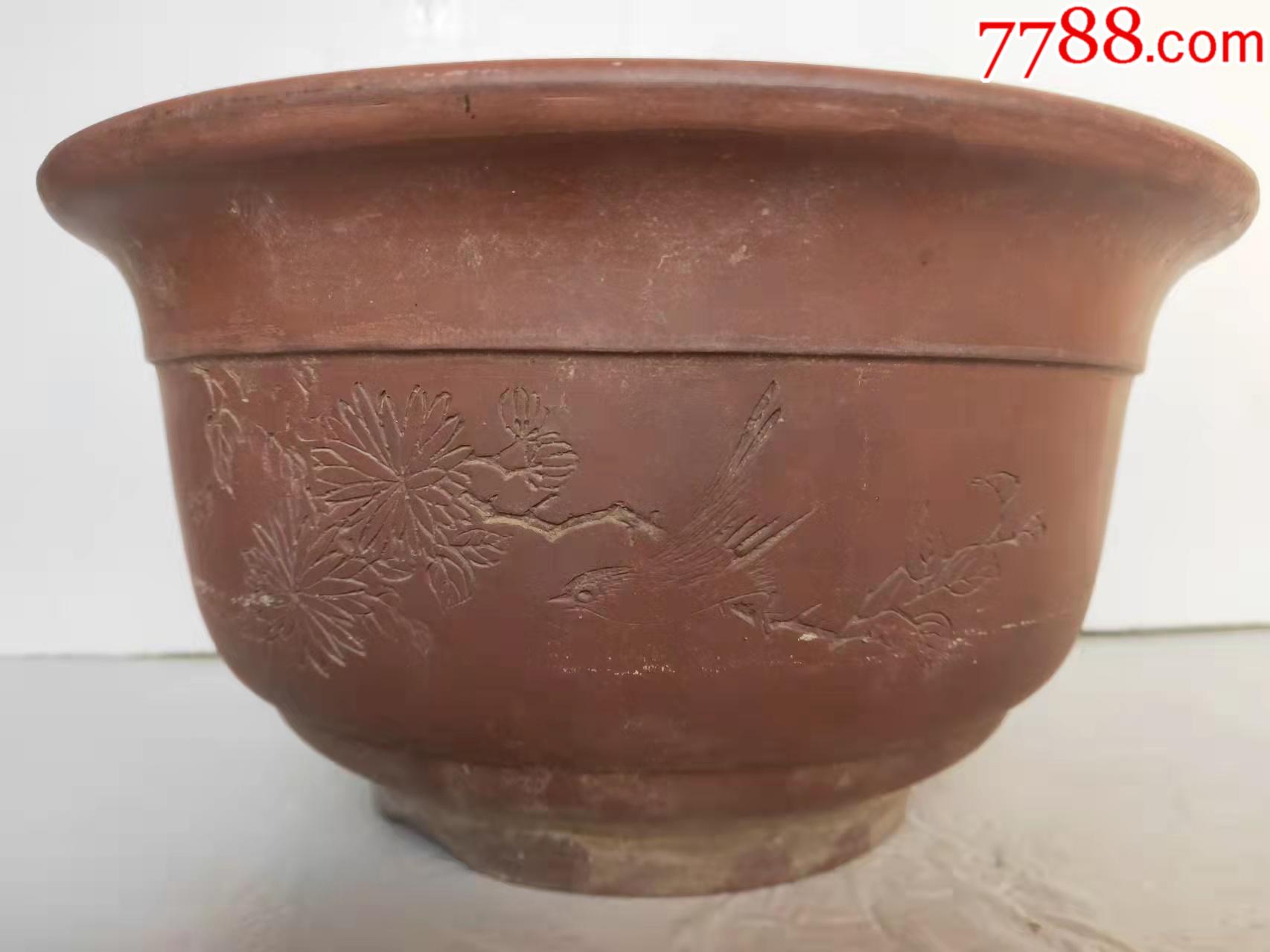 文革宜兴缶工紫砂花鸟盆