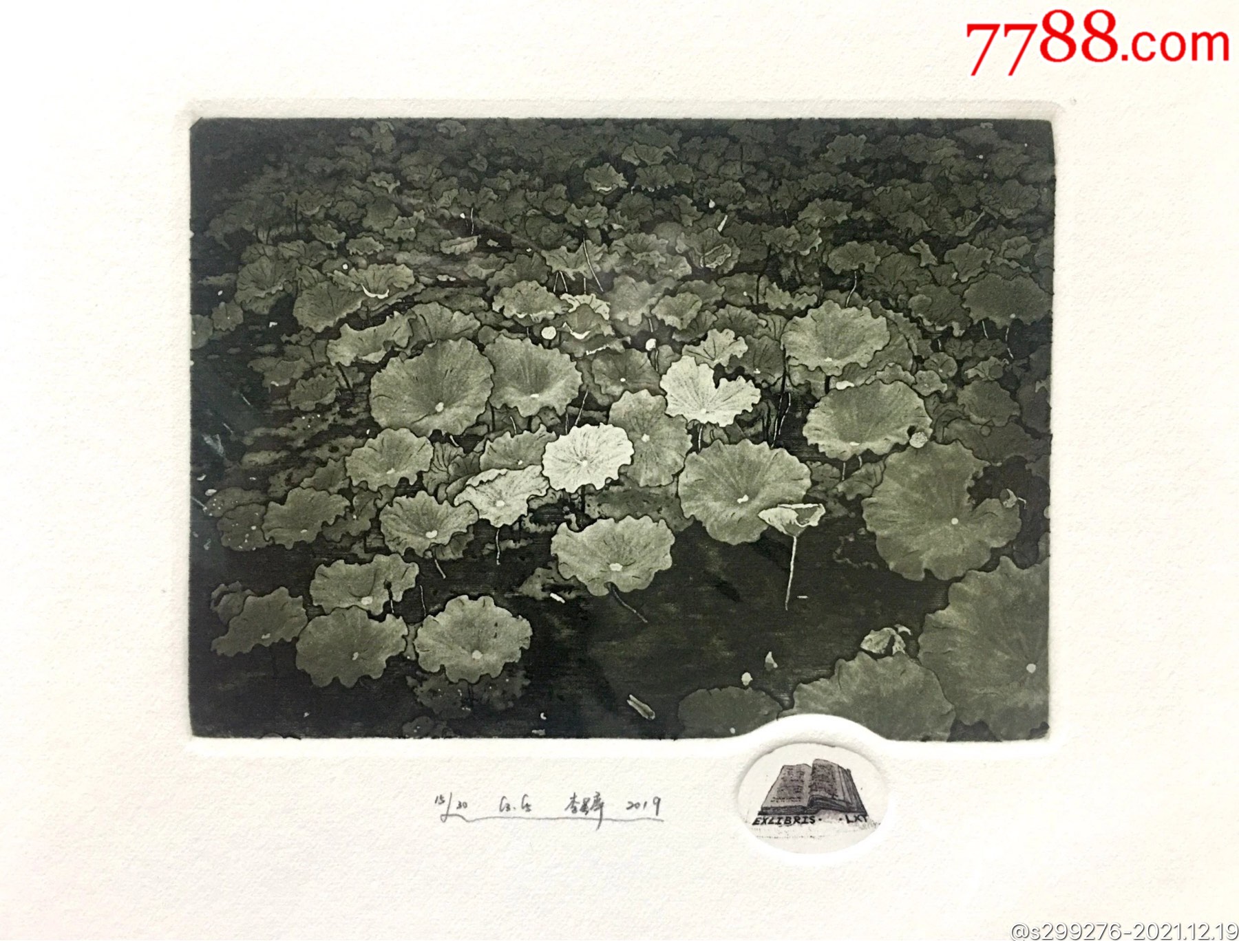 铜版雕刻铜版雕刻作品荷花藏书票李星亭创作