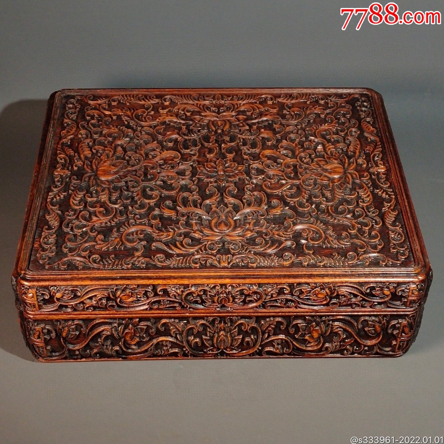 旧藏花梨木满工高浮雕缠枝花绘纹盒子_木盒/木匣_作品欣赏_收藏价值
