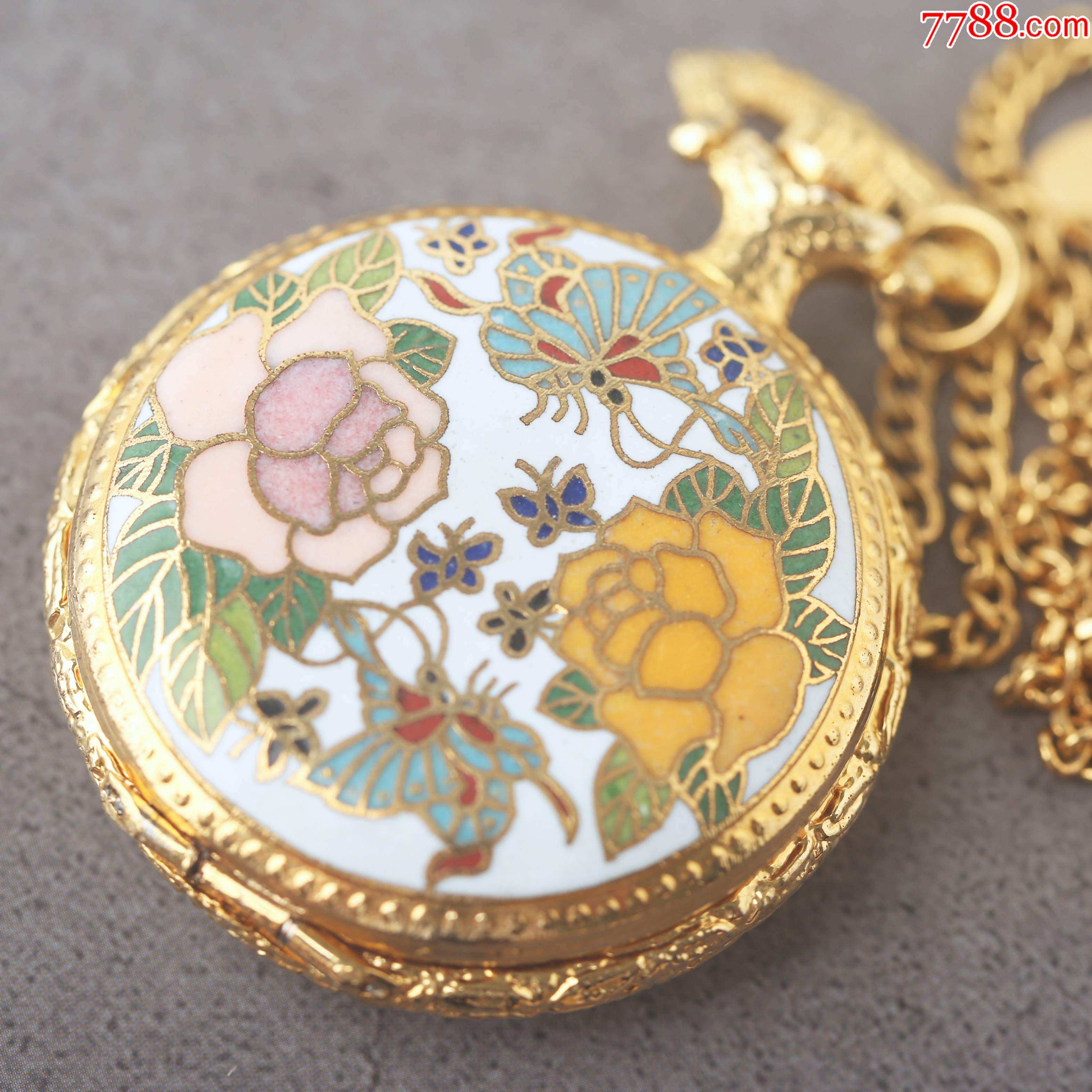 全世界绝版广东潮州宫狮老怀表库存品彩印蝶恋花古瓷风