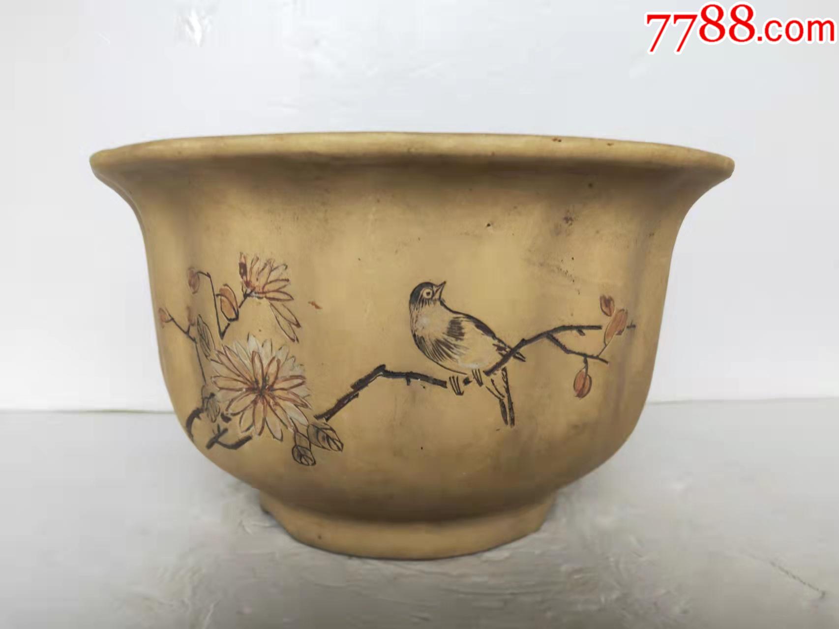 文革名家云石刻花鸟盆