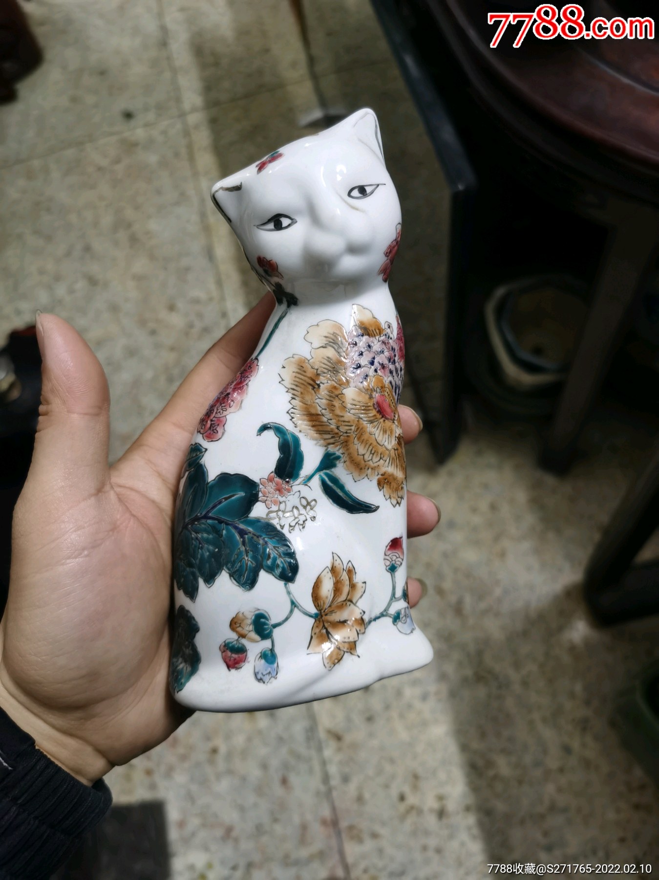 外销老瓷塑粉彩猫一对-雕塑瓷/瓷雕-7788陶瓷