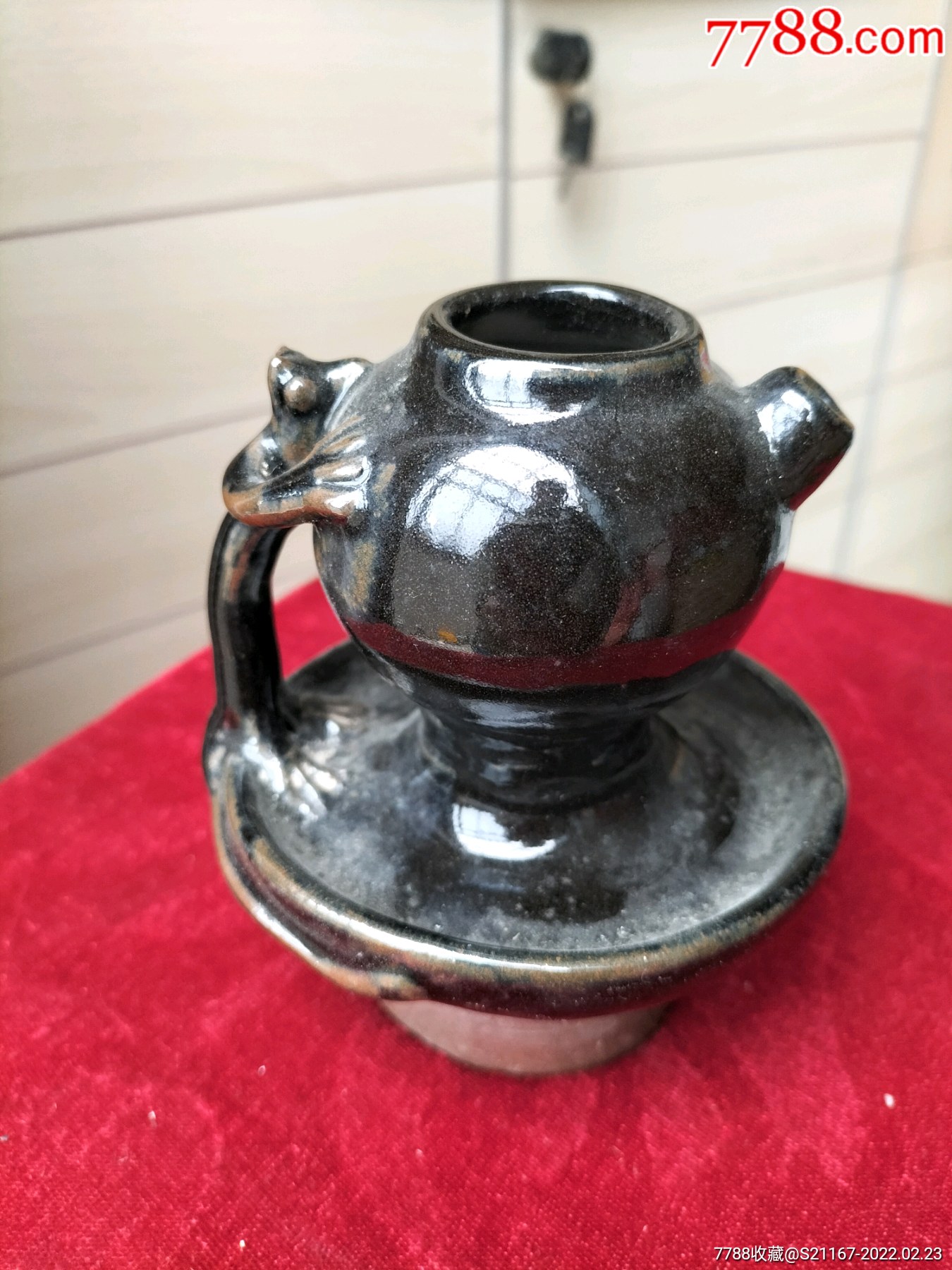 黑釉瓷老鼠偷油造型晚清民国老油盏灯完美品相