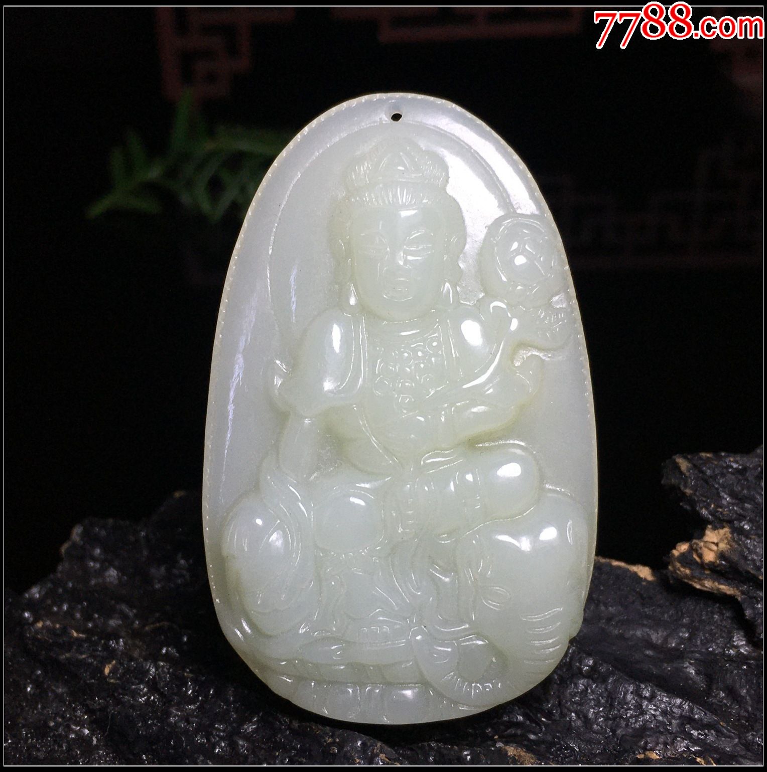 和田玉青白玉普贤菩萨吊坠