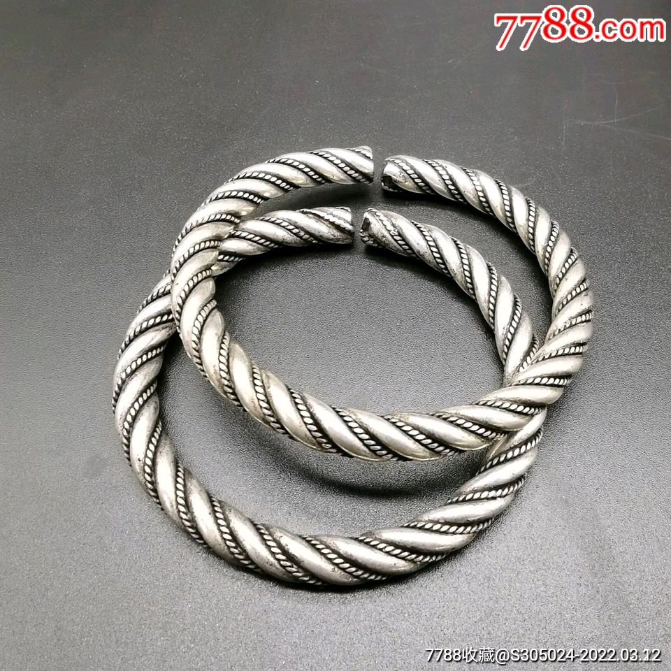 手镯手工扭丝麻花圆条白铜转运镯子一对