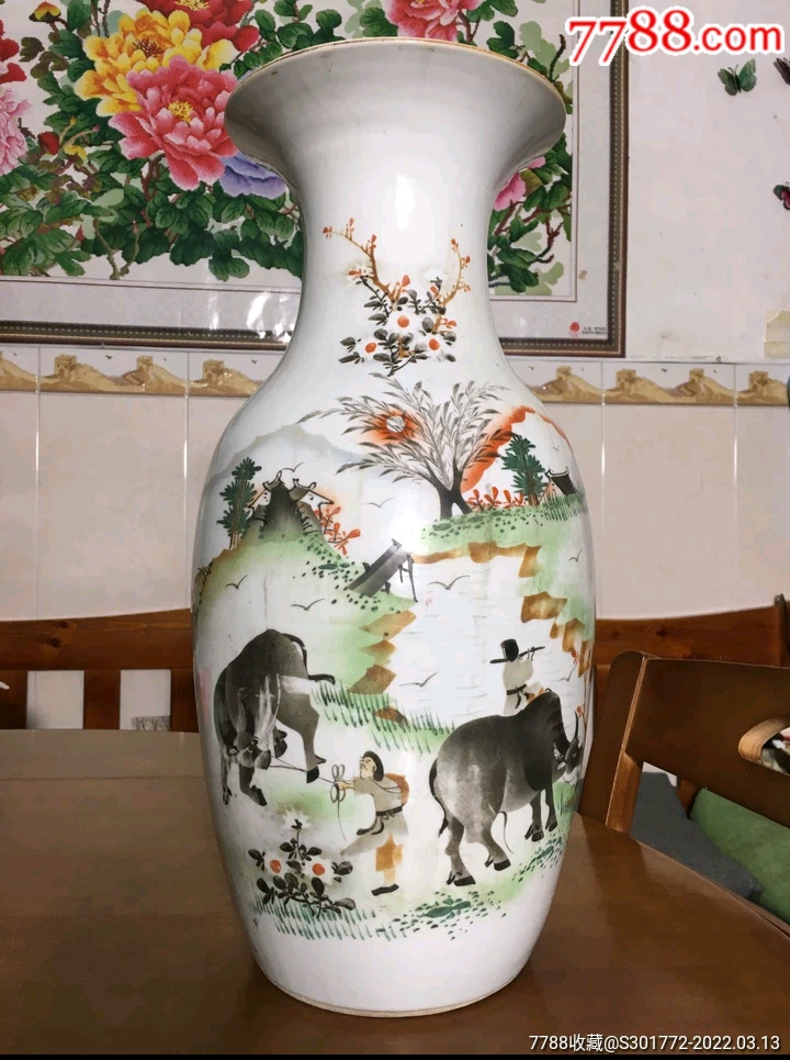 民国童子牧牛图诗文大瓶