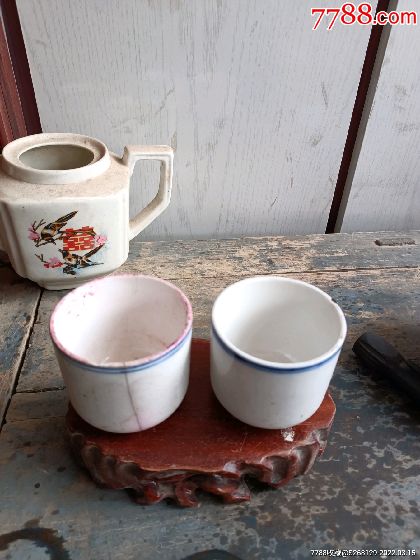 怀旧民国白釉蓝道茶杯2个