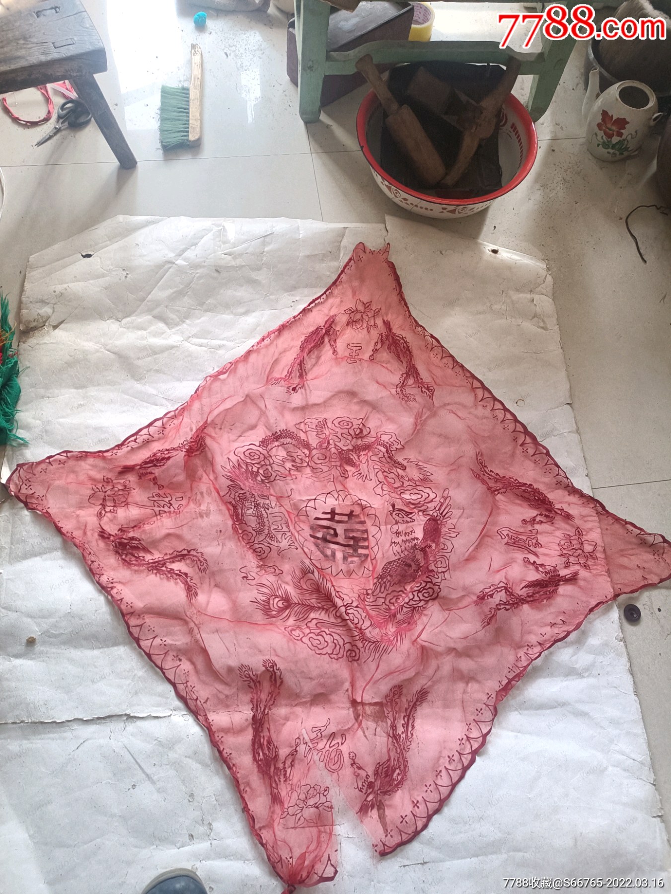 怀旧以前结婚龙凤喜字四方纱巾