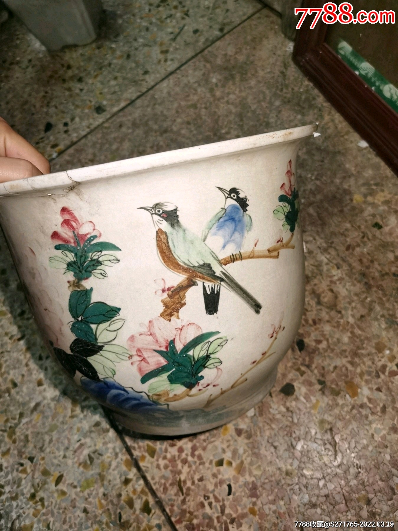 民国老枫溪五彩双鸟花盆