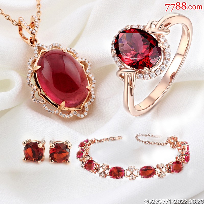 鸽血红宝石首饰套装欧奢镀玫瑰金石榴石首饰四件套