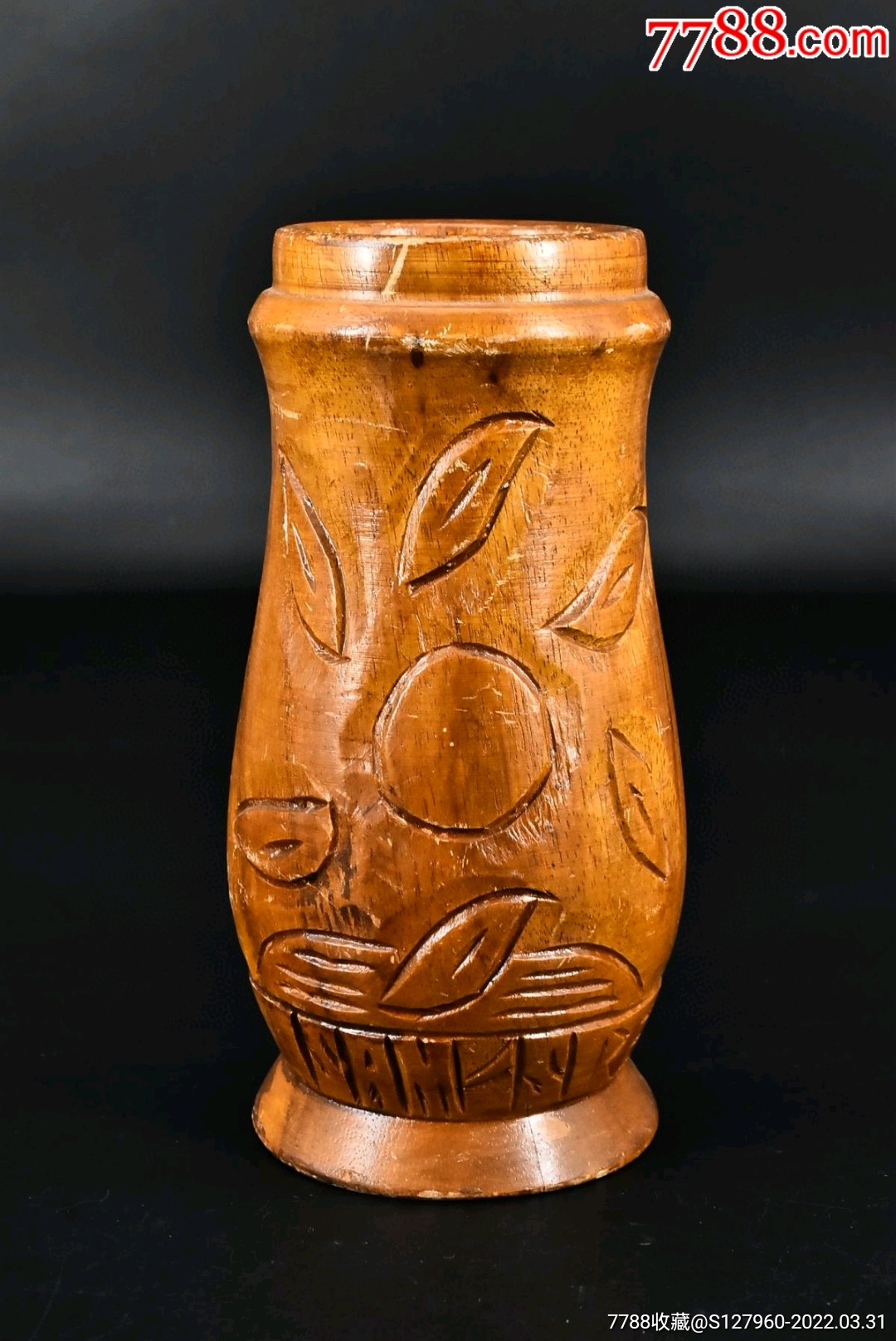 pa1683日本传统工艺漆器花瓶一件天然木胎漆器外壁雕刻椰树