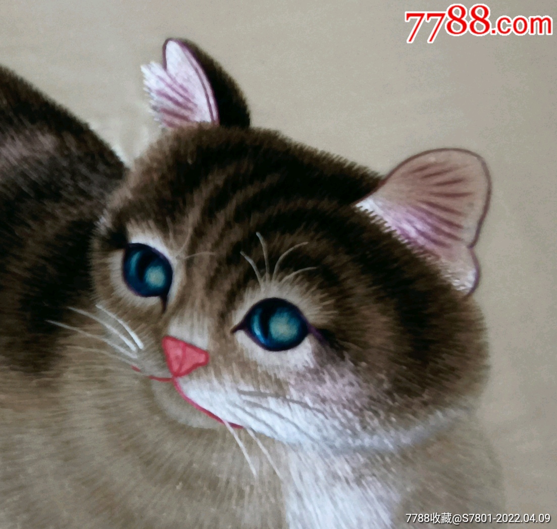 民国湘绣猫晓风戏蝶眼睛炯炯有神栩栩如生58cmⅹ33cm
