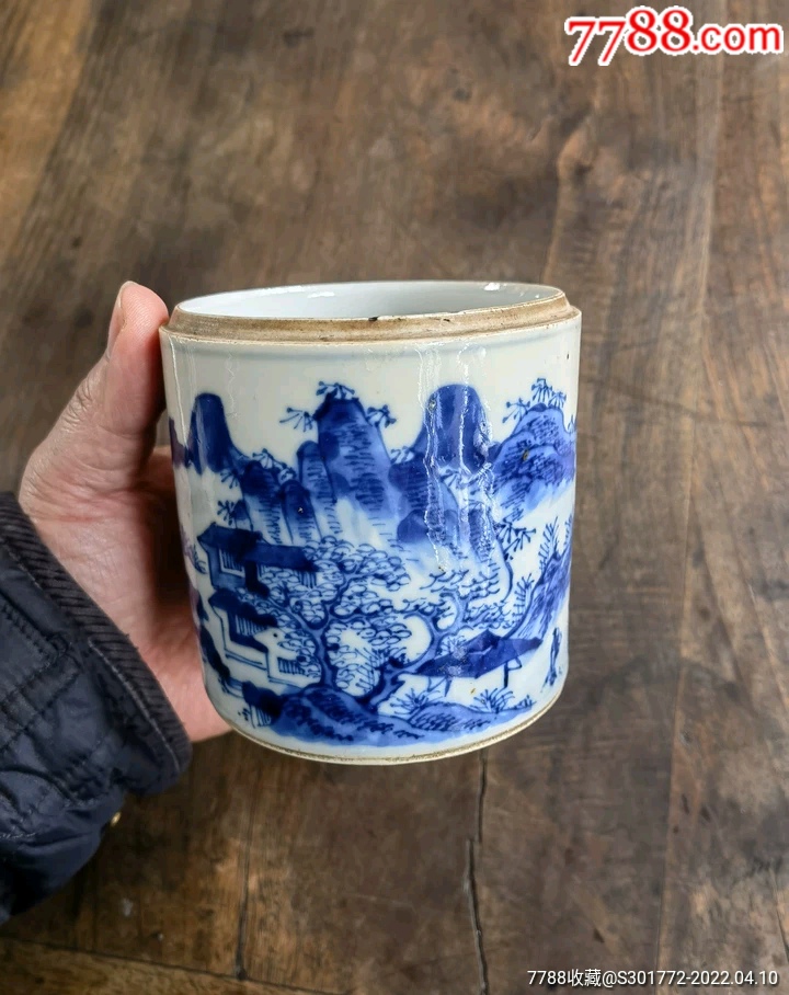清代乾隆青花通景山水笔筒_青花瓷_罗密欧与猪过夜【7788收藏__收藏