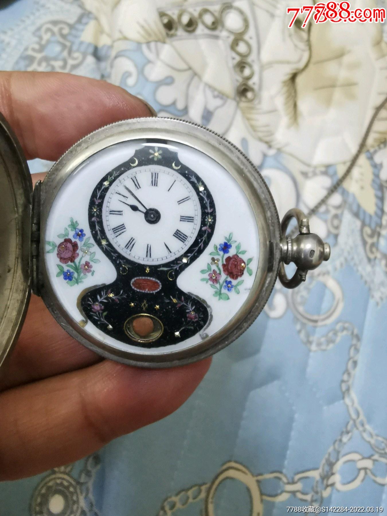 收藏级足银珐琅彩带摆陀上弦老怀表-价格:2550元-au29801115-怀表