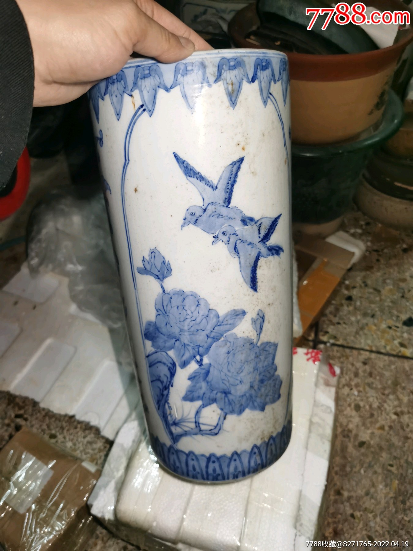 老青花花鸟大帽筒卷筒画筒_价格1元_第1张