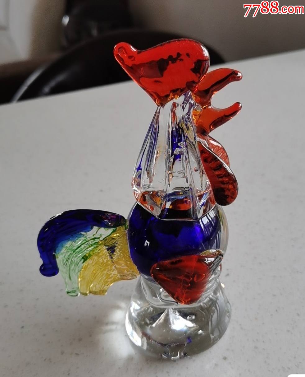 怀旧收藏民国或建国初期五彩琉璃大公鸡摆件玻璃工艺品