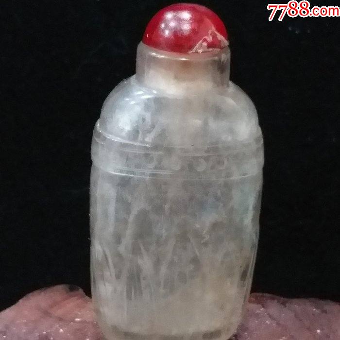 黛玉拍拍清老白水晶精雕荷叶花卉故事纹鼻烟壶高641mm