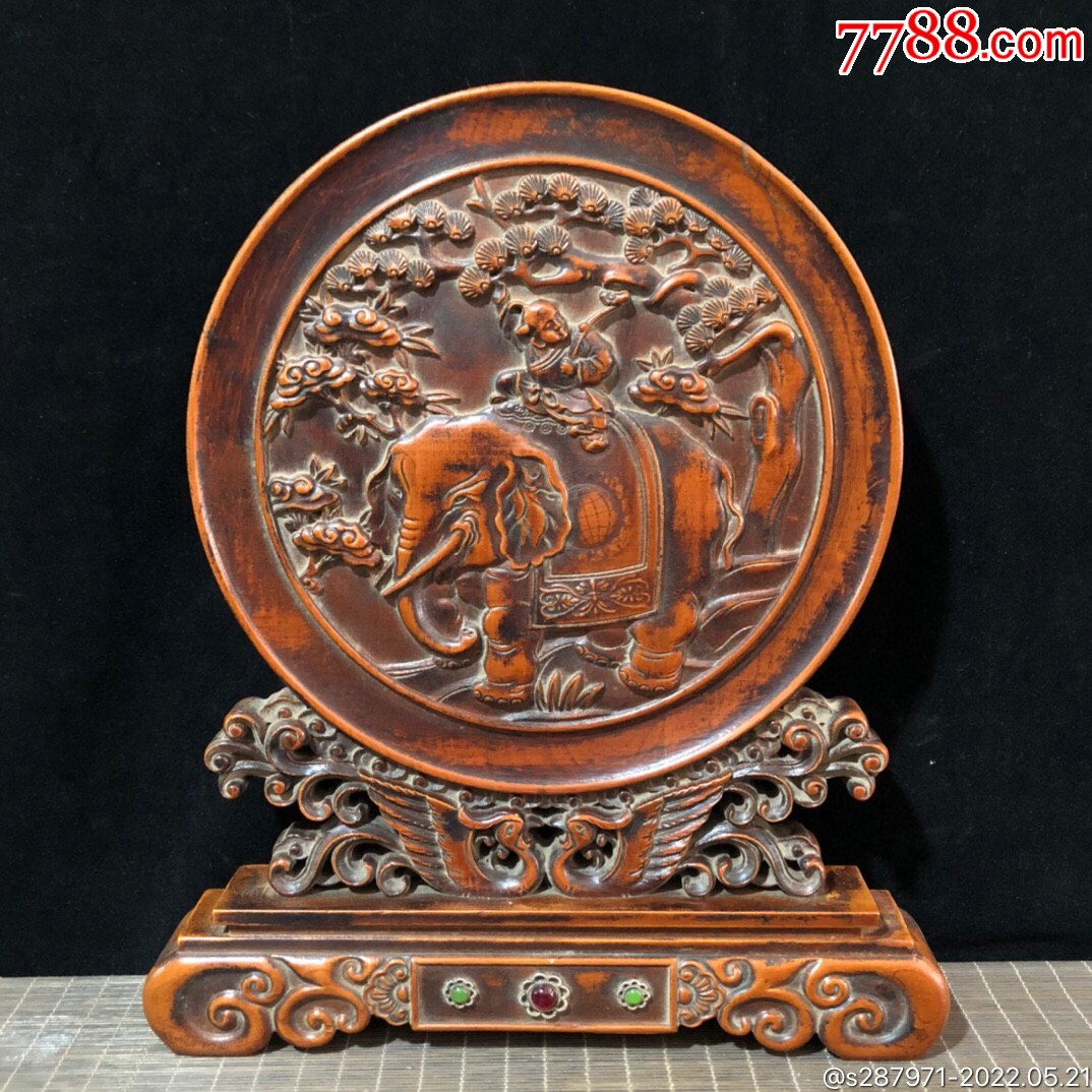 黄杨木雕刻屏风摆件雕刻牧童骑象图案立体美观尺寸30435