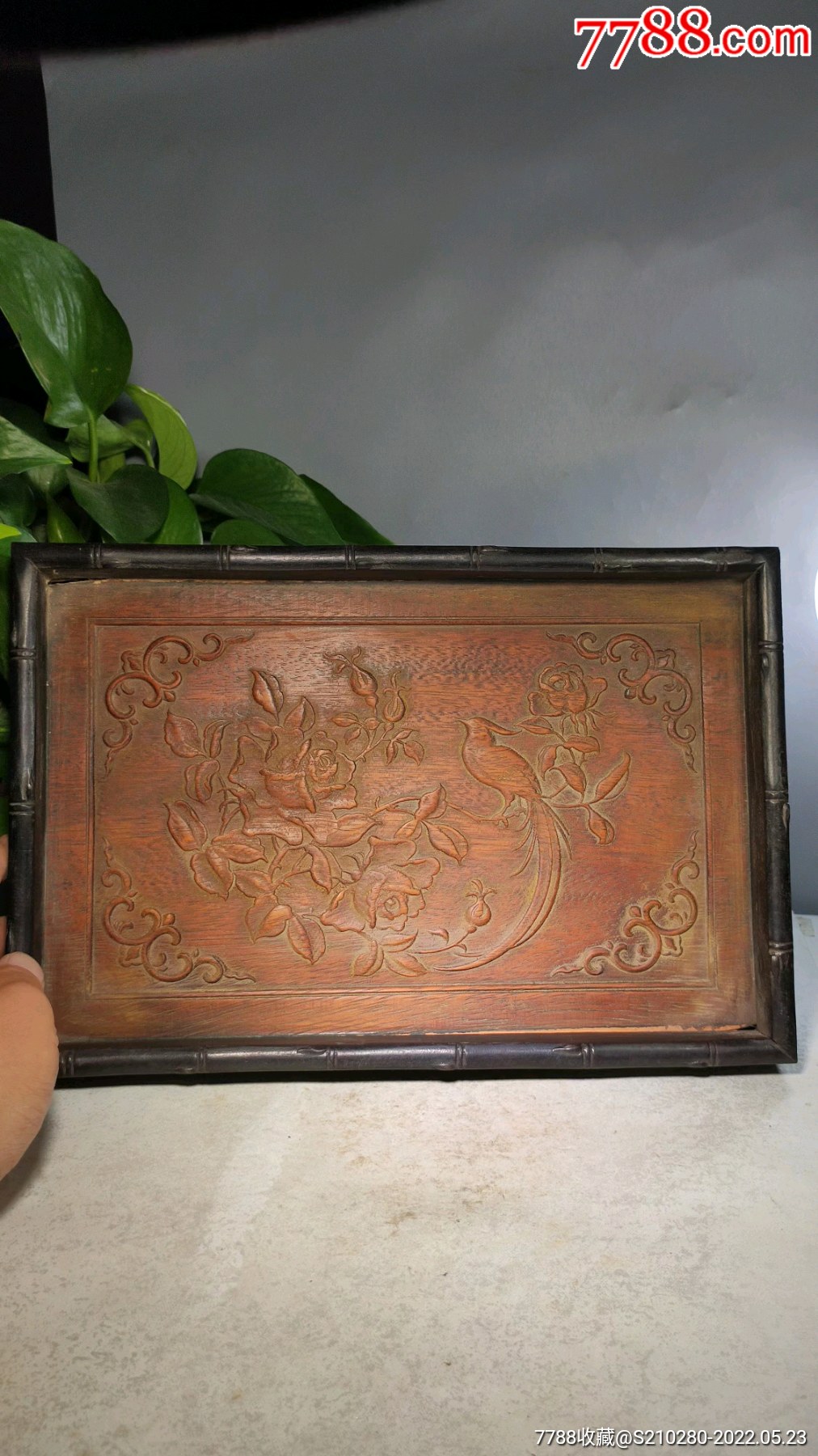 精美木雕花鸟茶盘造型独特木质坚硬纹理漂亮浮雕精美古朴大方