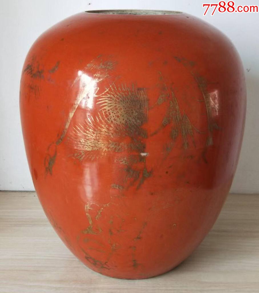 民国红釉描金瓷器坛._红釉瓷_回收价格_收藏价值_7788金银币收藏