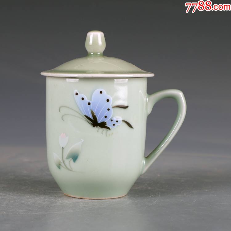 景德镇老厂货瓷器釉中彩蝴蝶茶杯筒杯办公杯