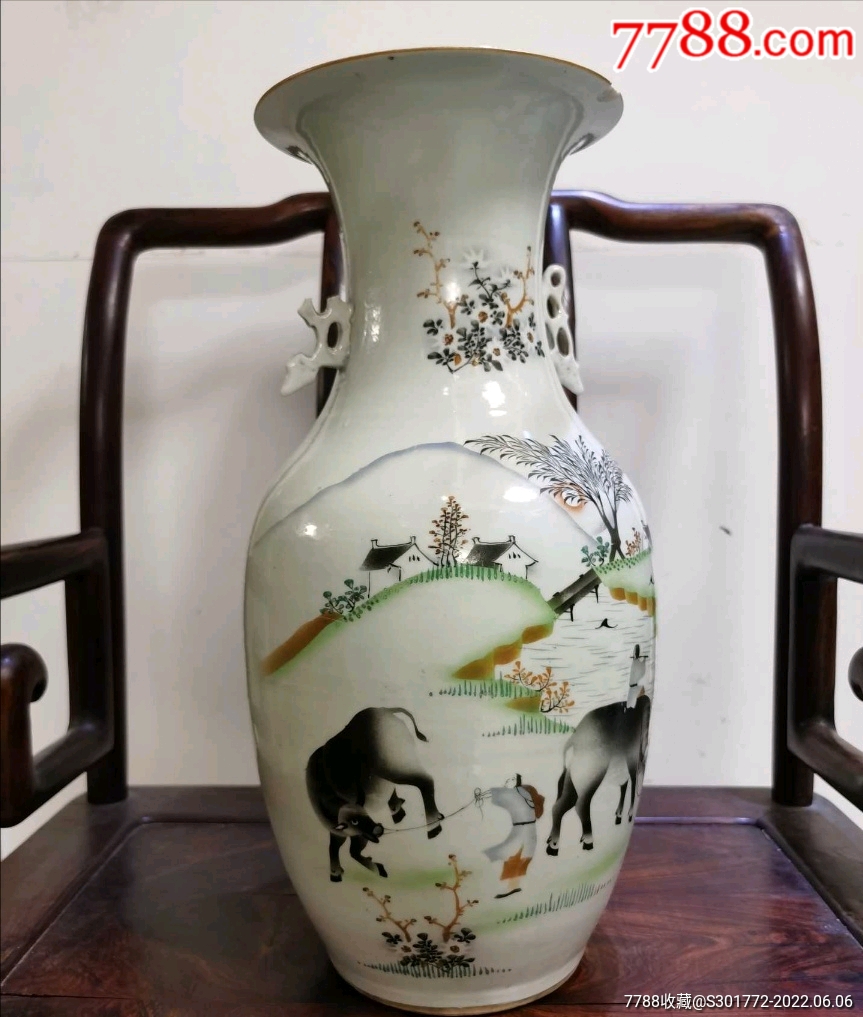 清末民国精品细路刷花牧童放牛田园风光大耳花瓶