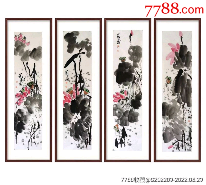 卖个功夫钱精品水墨荷花四条屏【尺寸】135*35*4_花鸟国画原作_润禾