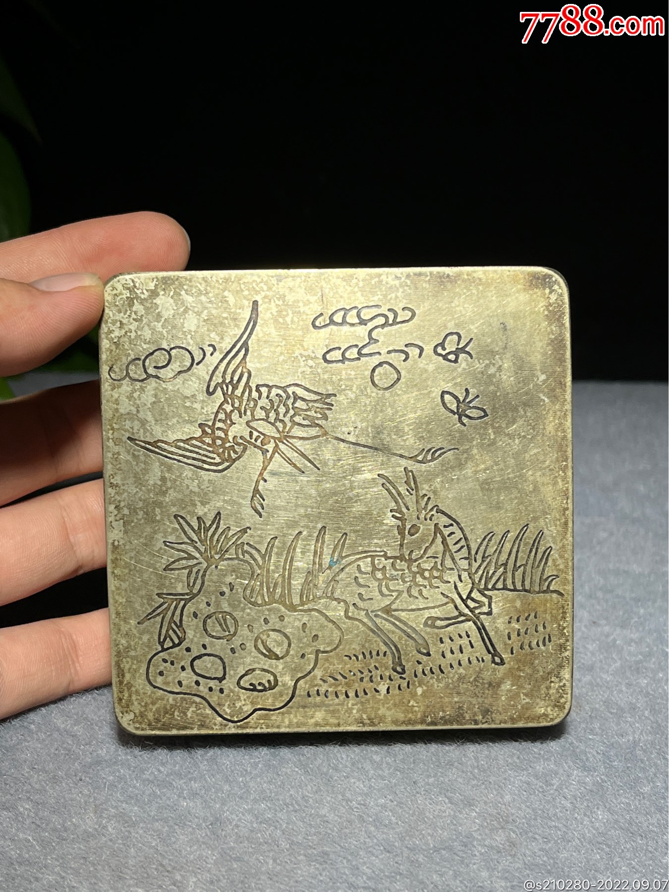 带工四方铜墨盒造型独特皮壳老辣包浆浓厚图案精美