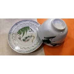 民国大浦高陂釉下彩全手绘柴火窑花卉盘3个碗四个全售