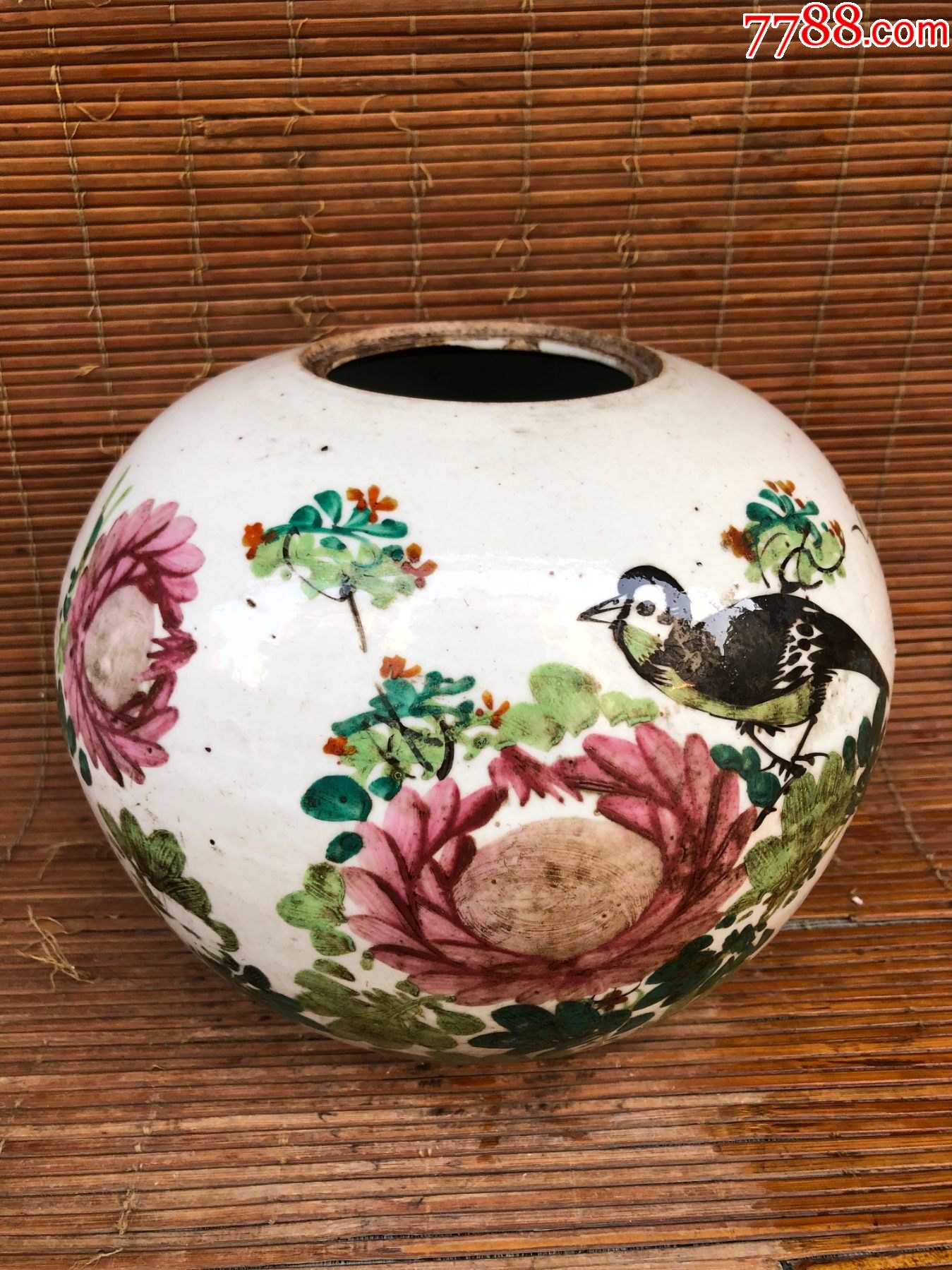 民国粉彩花鸟西瓜罐_价格150元【慧古轩】_第1张
