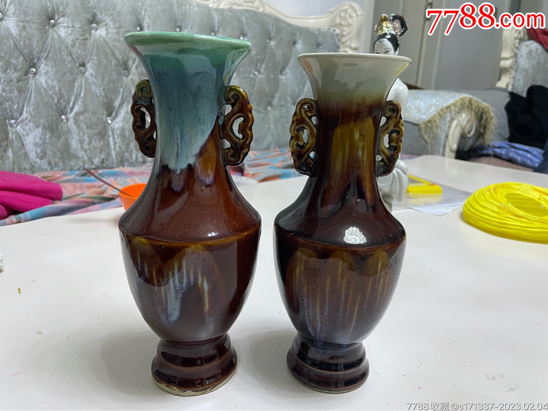 早期酱釉瓷窑变双龙耳花瓶_价格100元【农民工古书屋】_第1张