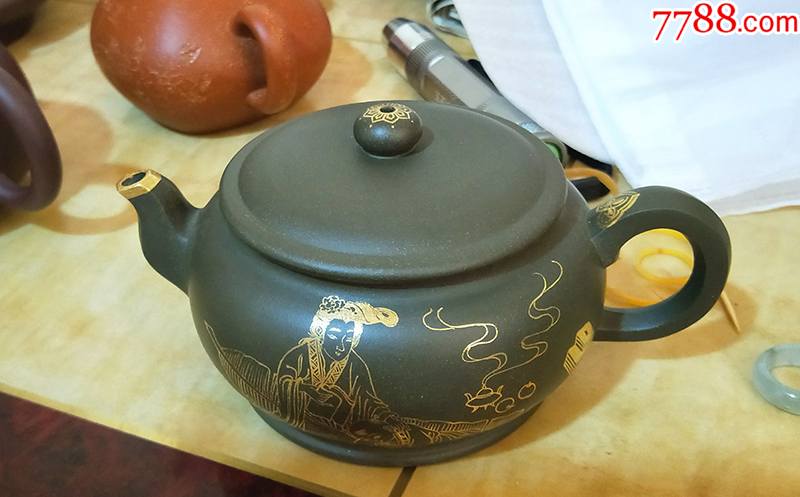 国工范建军k金描金绿泥三娘教子紫砂壶