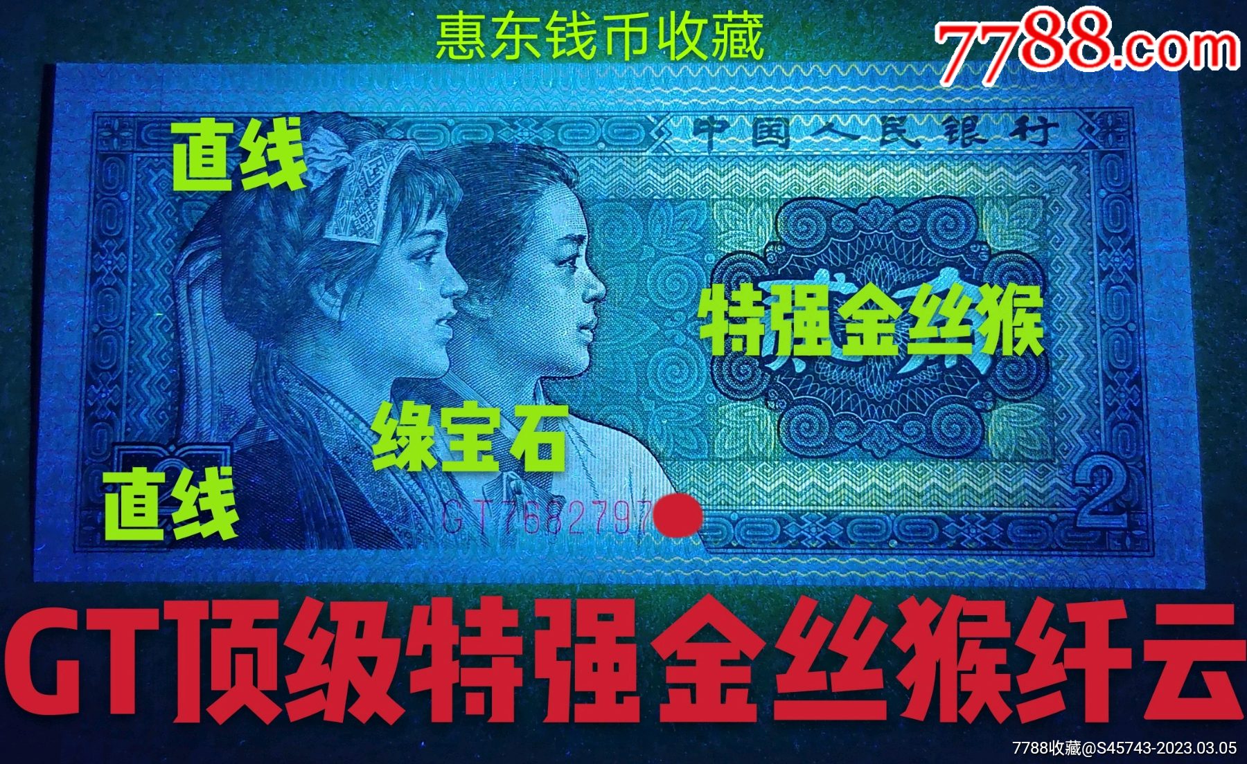 8002早期《gt珍稀冠》顶级特强金丝猴强纤云密丝双面紫色荧光二条直线