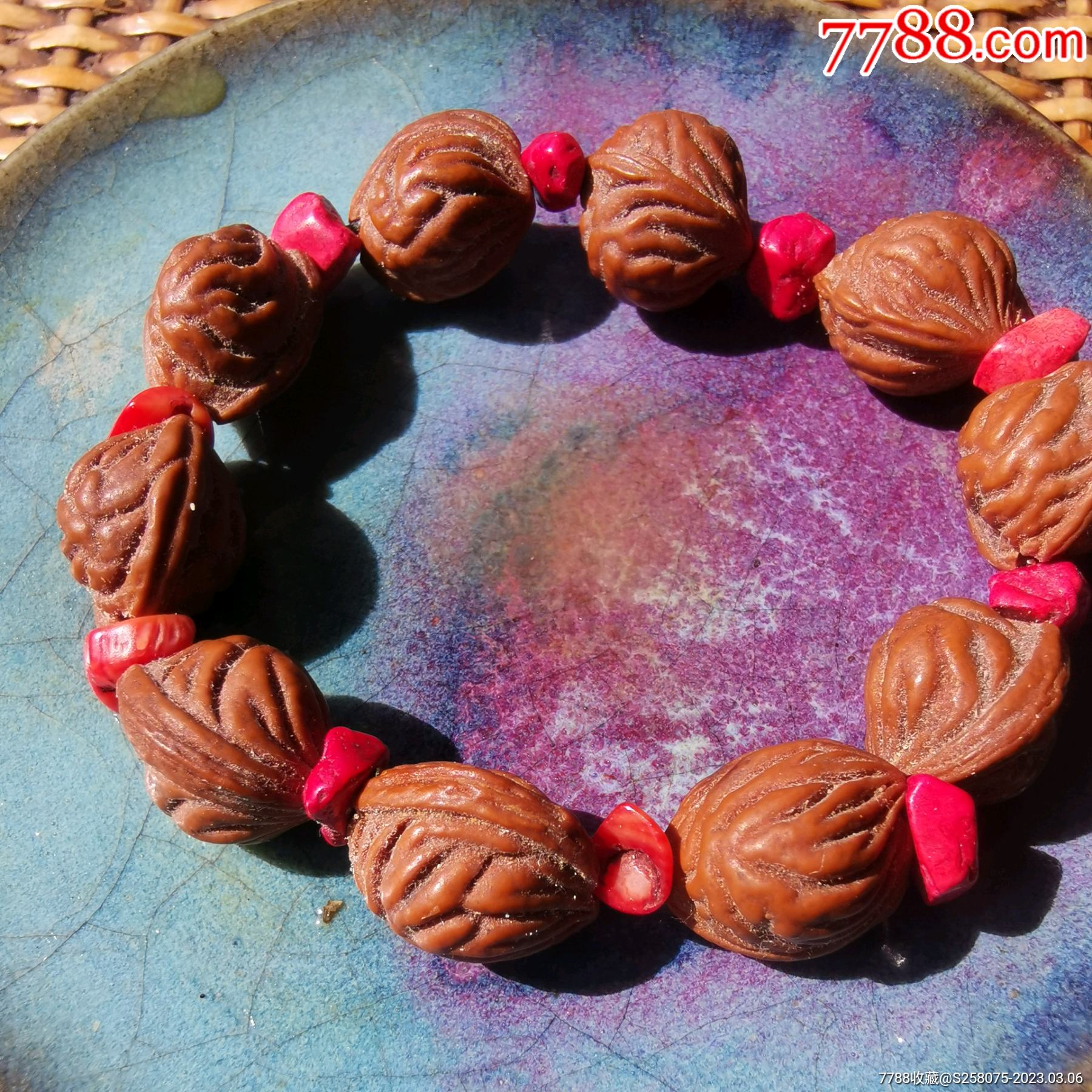 旧藏桃核手串,配红原碎石_价格88元_第1张