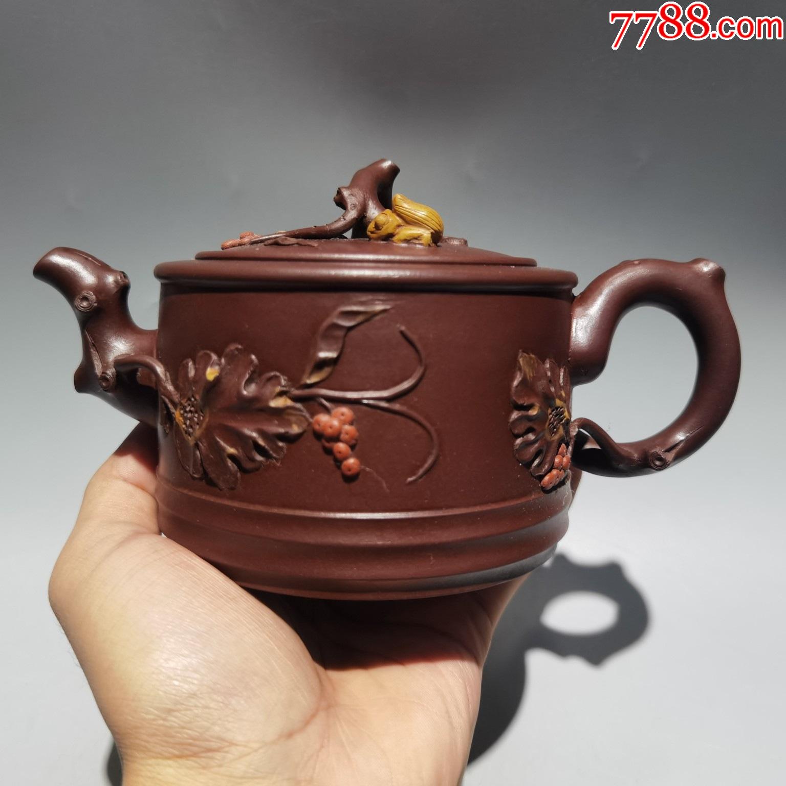 【老紫泥松鼠葡萄紫砂壶】早期旧藏精品珍藏低价格拍卖_紫砂壶_图片