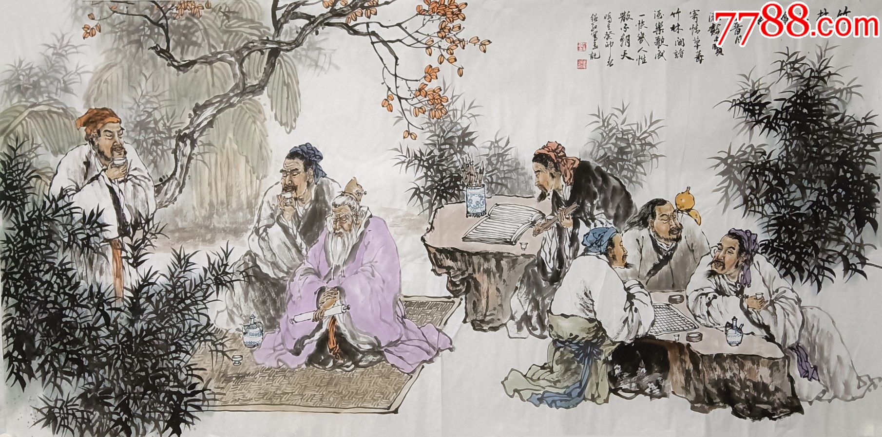 保真收藏级中美协会员知名画家刘绍红作品竹林七贤图