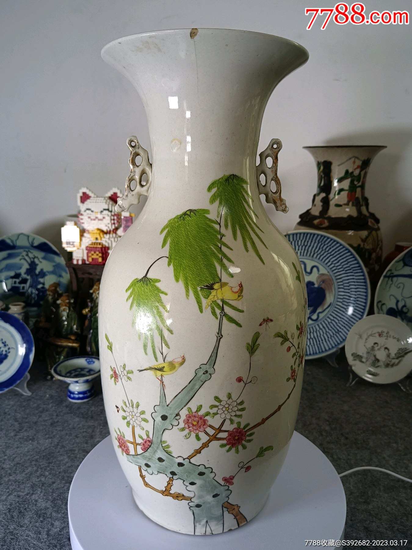 民国粉彩黄鹂鸣翠柳双耳瓶粉彩瓷器150件大瓶_价格1070元_第1张