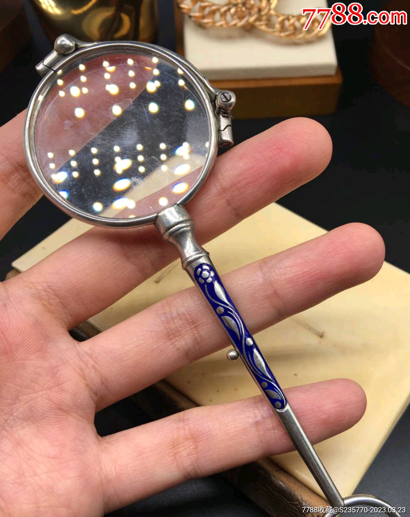 antiquevintage中古欧洲回流镀银珐琅手持可折叠眼镜尺寸:折叠13_价格