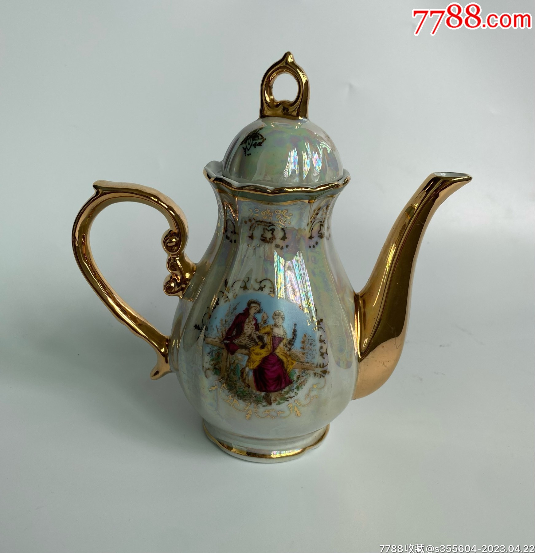 解放初期七彩珍珠釉西洋人物洋彩描金茶壶已鉴定