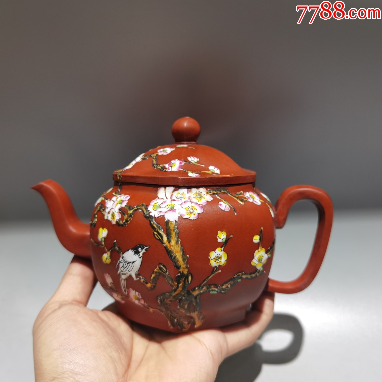 放漏d红泥彩绘六方紫砂壶早期旧藏精品珍藏低价格拍卖