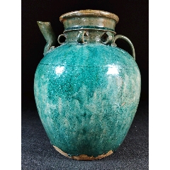 全品清代铜官窑堆塑绿釉窖变四蝠捧寿罐