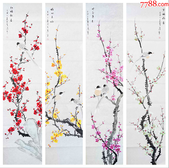 【保真】知名画家陈芬清梅花四条屏_花鸟国画原作_亦风斋书画【7788收藏__收藏热线】