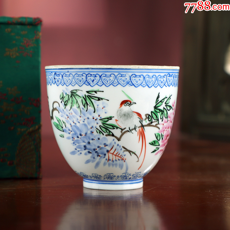景德镇老厂货瓷器手绘紫藤花鸟图薄胎杯(薄如纸)_价格980元【鑫意瓷源