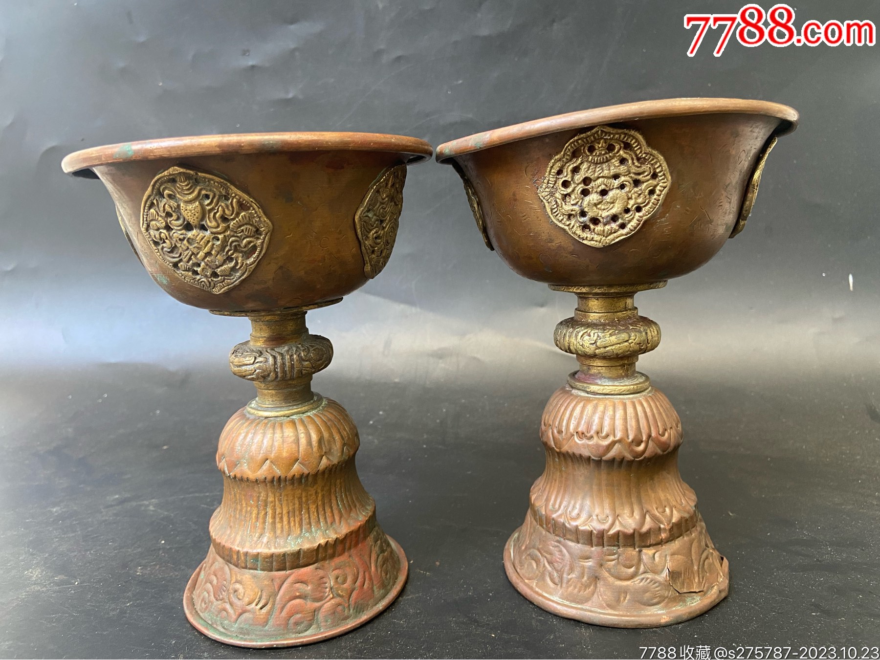 清代-藏传红铜质嵌镂空八宝纹酥油灯一对_价格800元_第1张